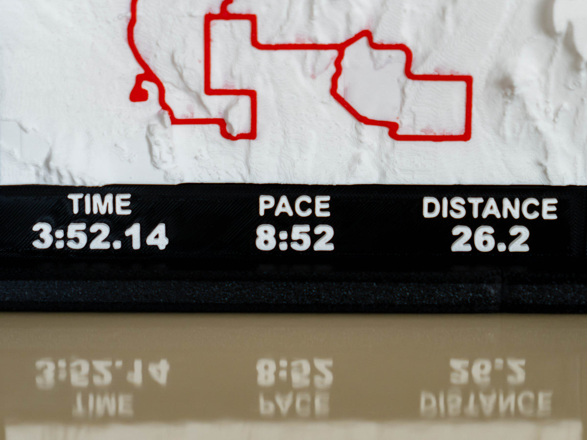 Detail of the raised finish time, pace and distance lettering on the display