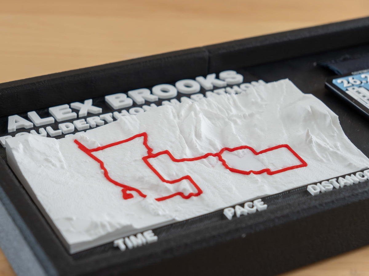 Close view of the 3D terrain and red route line of a race course